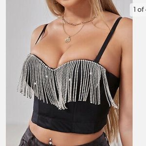 Rhinestone Disco Cowboy or Cowgirl Outfit with Fringe Back Crop Top Bustier